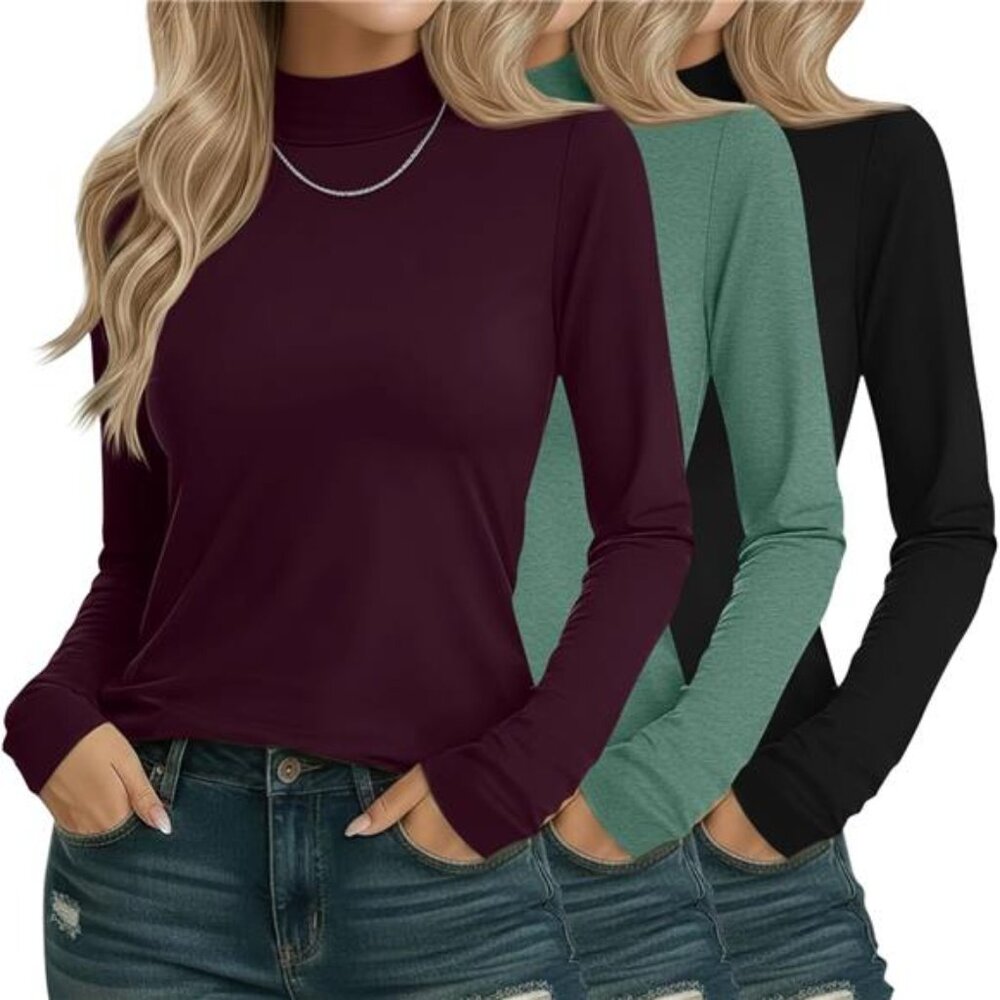 3 Pack Cotton Women's Mock Turtleneck Shirts Long Sleeve Mock Neck Tops Casual